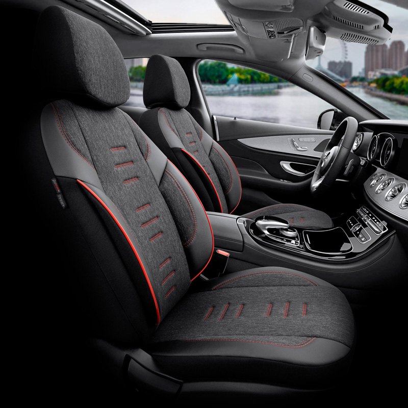 Universele Linnen/Leder/Stoffen Stoelhoezenset 'Throne' Zwart/Grijs/Rood - 11-delig - geschikt voor Side-Airbags