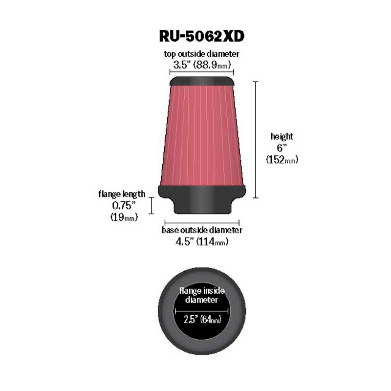 K&N Universeel Luchtfilter Konisch 64mm aansluiting, 114mm onder, 89mm top, 152mm hoogte Extreme Duty (RU-5062XD)