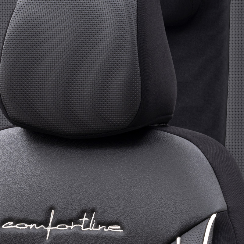 Universele Leder/Stoffen Stoelhoezenset 'Comfortline' Zwart/Grijs + Witte rand - 11-delig - geschikt voor Side-Airbags