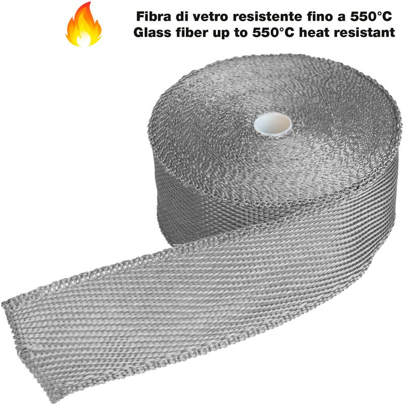 Simoni Racing Warmte-isolerende Uitlaat Wrap Kit 2S - 15m x 5cm + 6 klemmen < 550°C - Glasvezel - Zilver