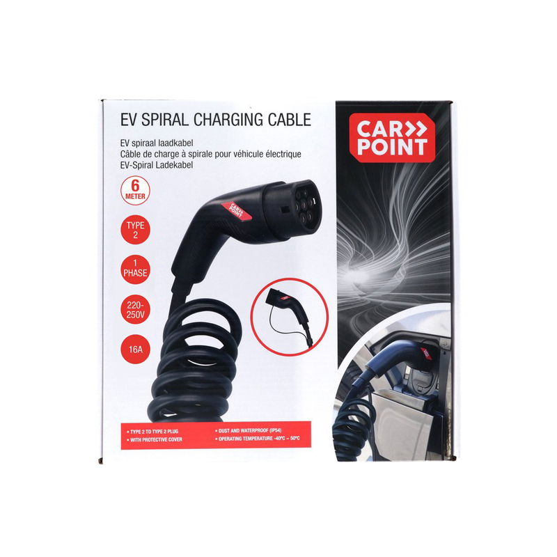 Carpoint Spiraal Laadkabel Elektrische Auto Type2>2 16A 1-Fase 6-meter