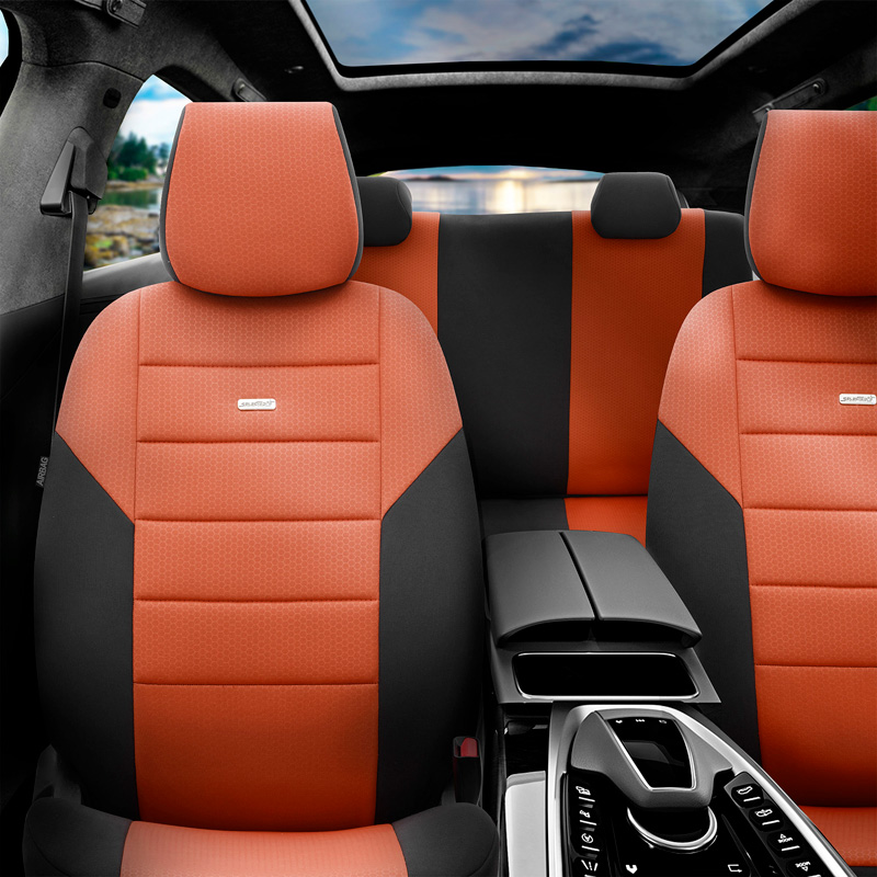 otoM Universele Stoffen Stoelhoezenset 'SelectedFit One' Zwart/Camel - 10-delig - geschikt voor Side-Airbags