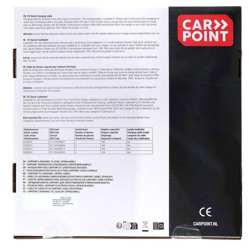 Carpoint Spiraal Laadkabel Elektrische Auto Type2>2 16A 1-Fase 6-meter