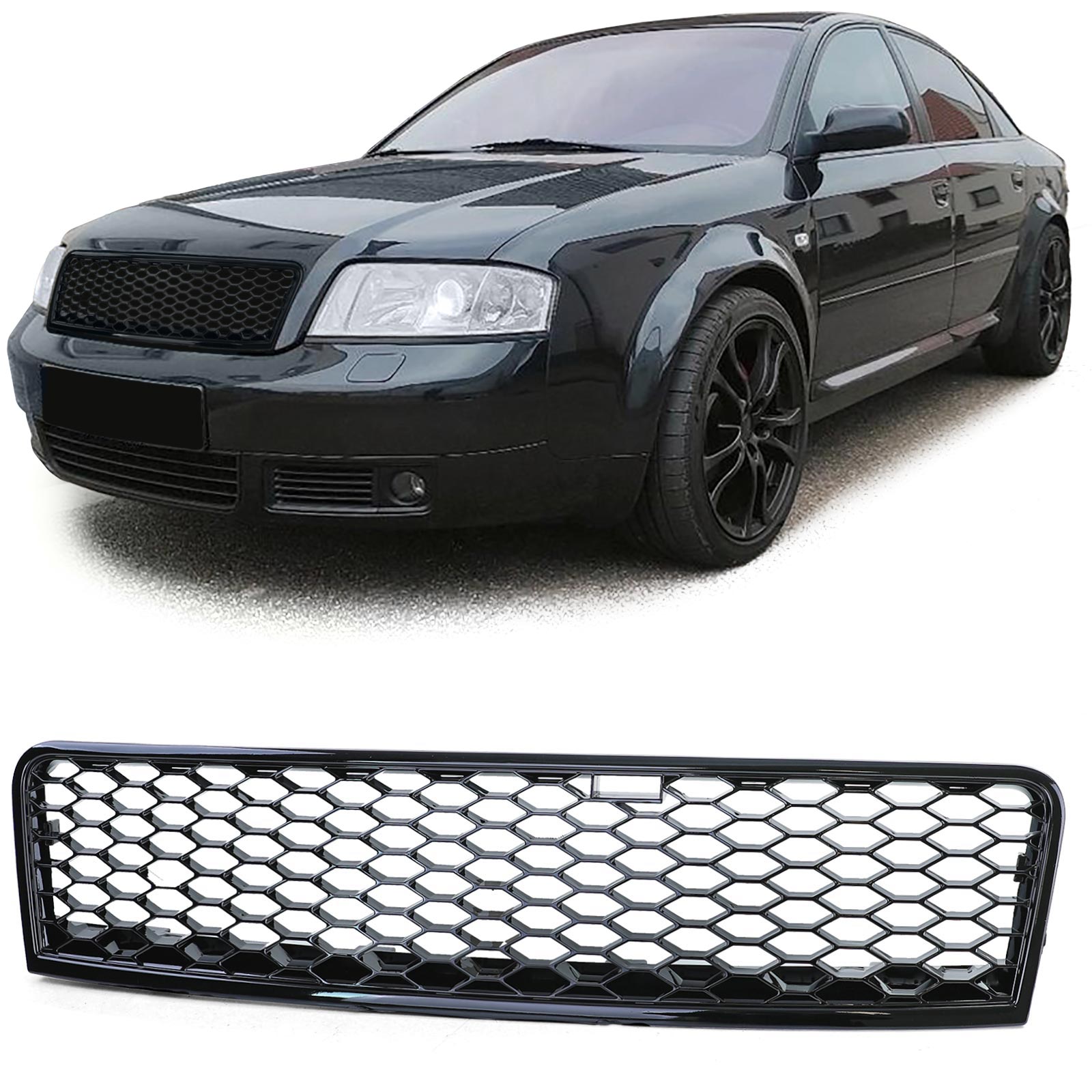 Grill passend voor Audi A6 C5 4B 01-04 RS6 look Glans Zwart