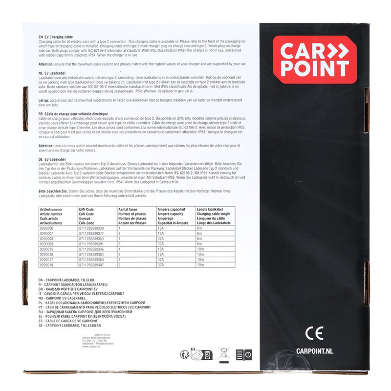 Carpoint Laadkabel Elektrische Auto Type2>2 16A 3-Fase 10-meter