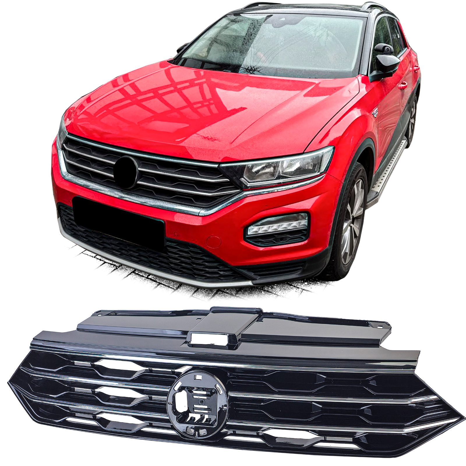 Grill passend voor VW T-Roc 2017- glanzend zwart/chroom